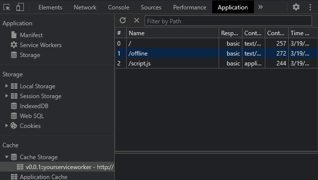 Chrome DevTools Application tab Cache Storage