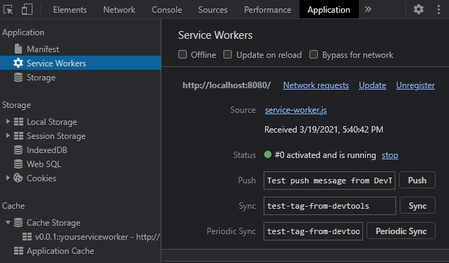 Chrome DevTools Application tab Service Worker information