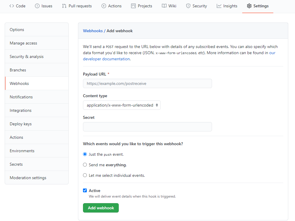 GitHub Webhooks Add Webhook