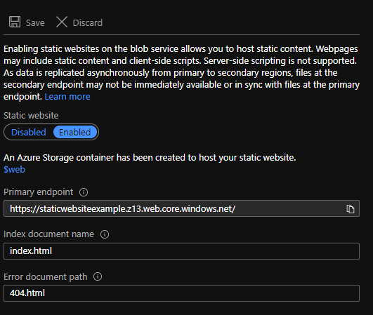 Storage Account Static Website document name and path settings
