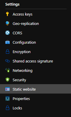 Storage Account Static website settings