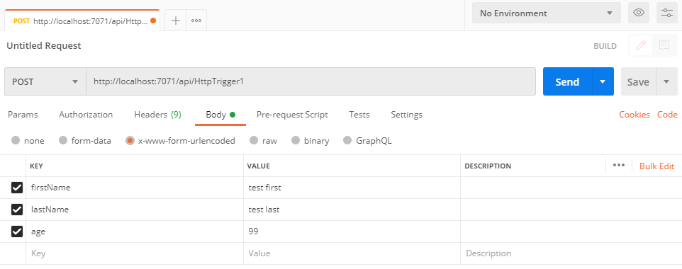 Postman request to insert table storage data entity